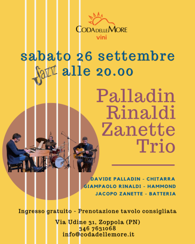 serata jazz sabato 26 settembre con Palladin Rinaldi Zanette Trio